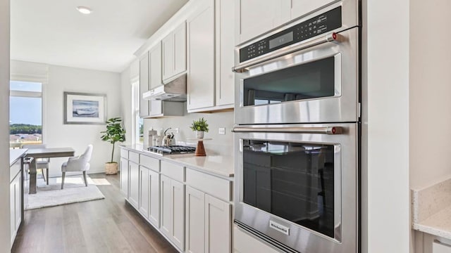 1818 Legacy Pointe Blvd, Plainfield, IL 60586 - kitchen featuring stainless steel appliances, dark wood finished floors, light countertops, under cabinet range hood, and white cabinets