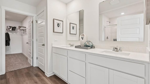 1818 Legacy Pointe Blvd, Plainfield, IL 60586 - full bath featuring double vanity, a shower with door, a spacious closet, and wood finished floors