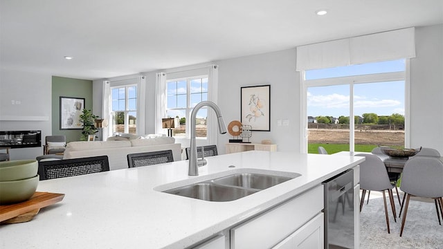 1818 Legacy Pointe Blvd, Plainfield, IL 60586 - kitchen with stainless steel dishwasher, white cabinetry, recessed lighting, and light stone counters