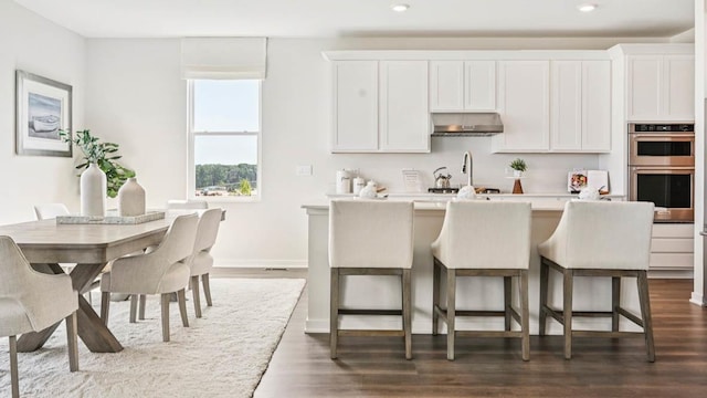 1818 Legacy Pointe Blvd, Plainfield, IL 60586 - kitchen featuring under cabinet range hood, stainless steel double oven, recessed lighting, light countertops, and white cabinetry