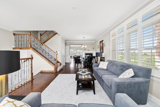 17946 Fountain Cir, Orland Park, IL 60467 - living area featuring wood finished floors, ornamental molding, and stairs
