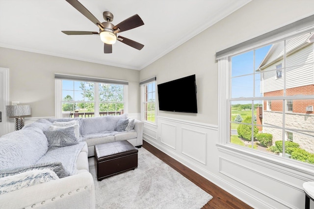 17946 Fountain Cir, Orland Park, IL 60467 - living room with plenty of natural light, dark wood finished floors, ornamental molding, a wainscoted wall, and ceiling fan
