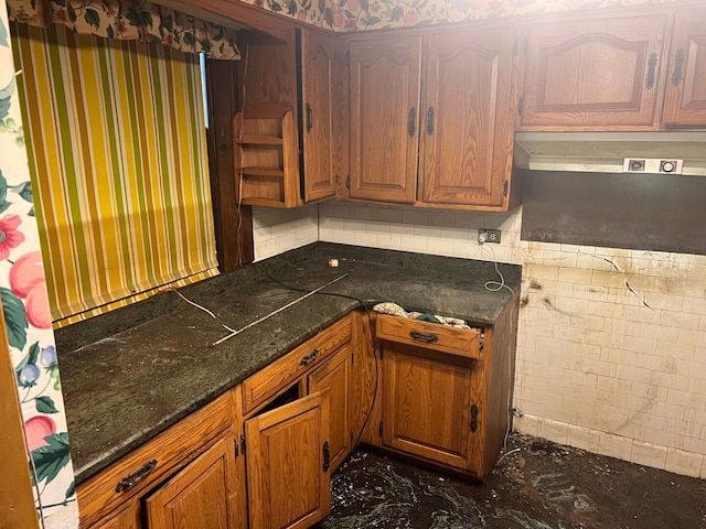 8144 S Ada St, Chicago, IL 60620 - kitchen featuring extractor fan, brown cabinetry, and open shelves
