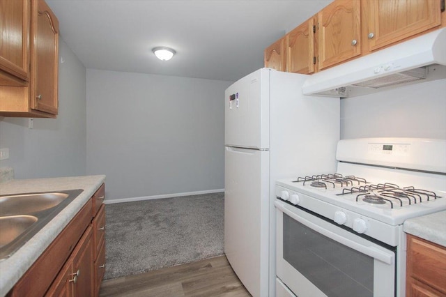974 Thornton Ln Unit 107, Buffalo Grove, IL 60089 - kitchen featuring white gas range oven, under cabinet range hood, light countertops, wood finished floors, and brown cabinets