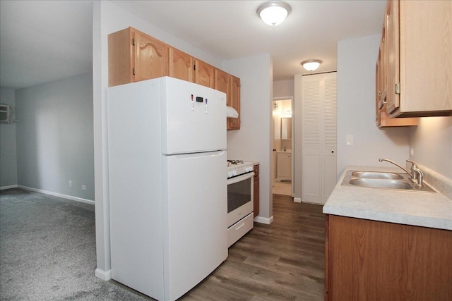 974 Thornton Ln Unit 107, Buffalo Grove, IL 60089 - kitchen featuring white appliances, light countertops, exhaust hood, and dark wood-style floors
