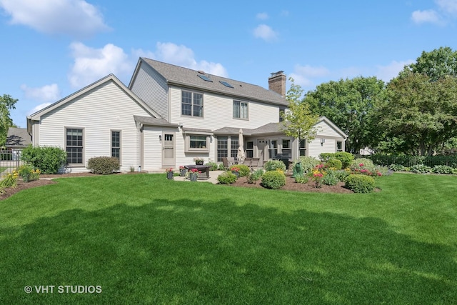 33 Citation Cir, Wheaton, IL 60189 - rear view of house featuring a patio area, a chimney, a lawn, and roof with shingles