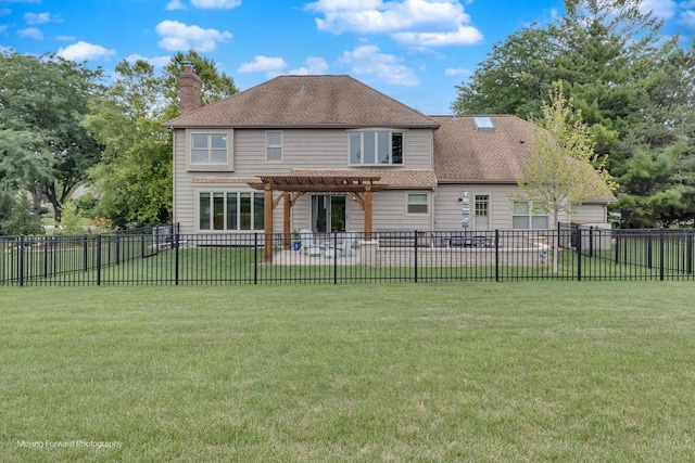 420 Fairway View Dr, Algonquin, IL 60102 - rear view of house with a pergola, a chimney, a shingled roof, a fenced backyard, and a patio
