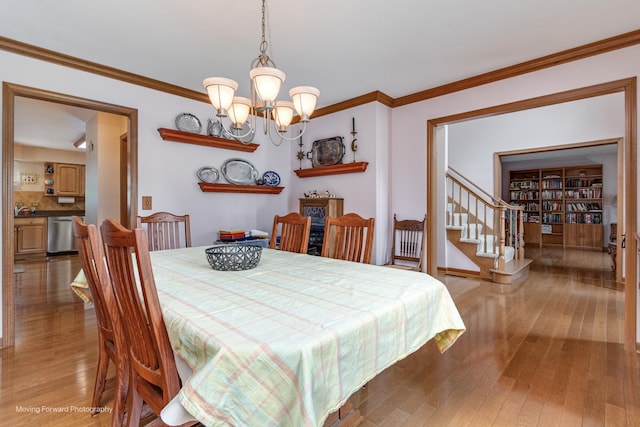 420 Fairway View Dr, Algonquin, IL 60102 - dining room featuring a chandelier, hardwood / wood-style flooring, crown molding, and stairway