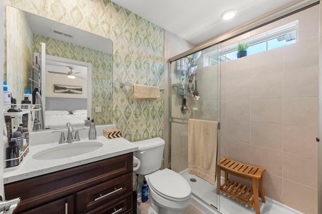 1580 Wind Energy Pass, Batavia, IL 60510 - bathroom featuring wallpapered walls, vanity, a stall shower, and a ceiling fan