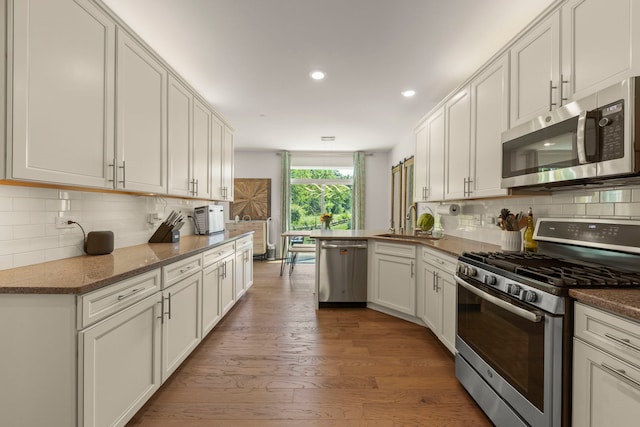 1580 Wind Energy Pass, Batavia, IL 60510 - kitchen featuring stainless steel appliances, recessed lighting, wood finished floors, decorative backsplash, and a peninsula