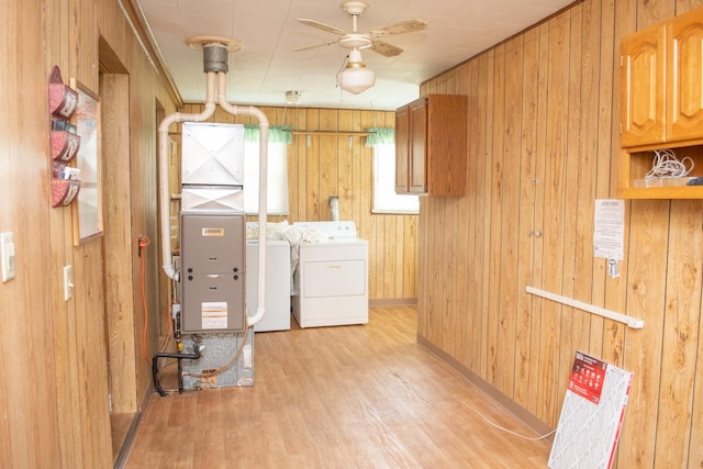 108 N Grove St, Harmon, IL 61042 - laundry area with independent washer and dryer, a ceiling fan, light wood-type flooring, cabinet space, and wood walls