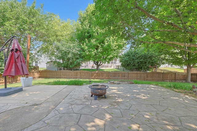 10628 Great Plaines Dr, Huntley, IL 60142 - fenced backyard with an outdoor fire pit and a patio area