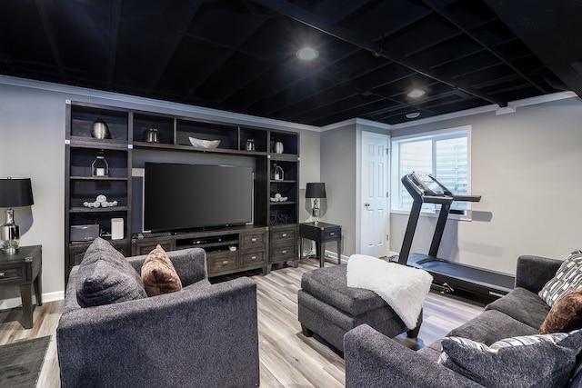 1307 Colaric Dr, Joliet, IL 60431 - living room featuring wood finished floors and built in shelves