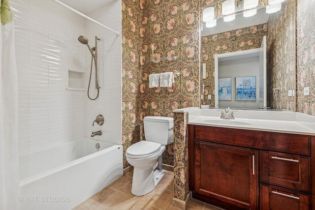 25 E Superior St Unit 2402, Chicago, IL 60611 - bathroom with wallpapered walls, shower / bathtub combination with curtain, vanity, and tile patterned floors