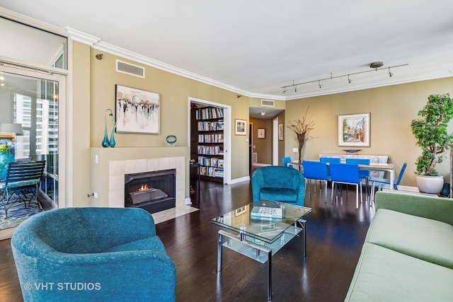 25 E Superior St Unit 2402, Chicago, IL 60611 - living room with crown molding, wood finished floors, a fireplace, and rail lighting