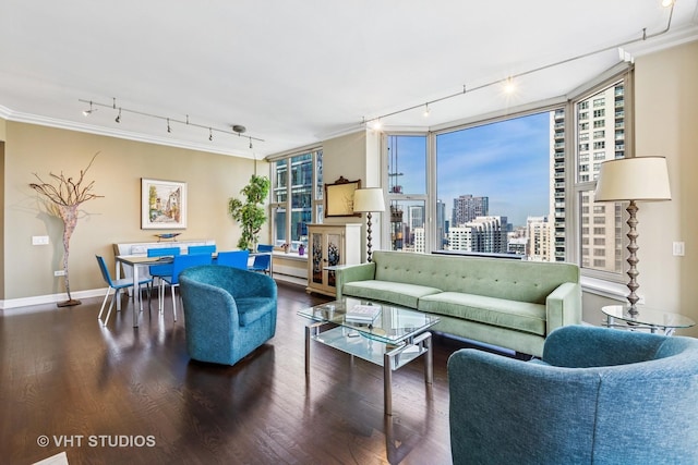 25 E Superior St Unit 2402, Chicago, IL 60611 - living room with track lighting, wood finished floors, ornamental molding, and plenty of natural light