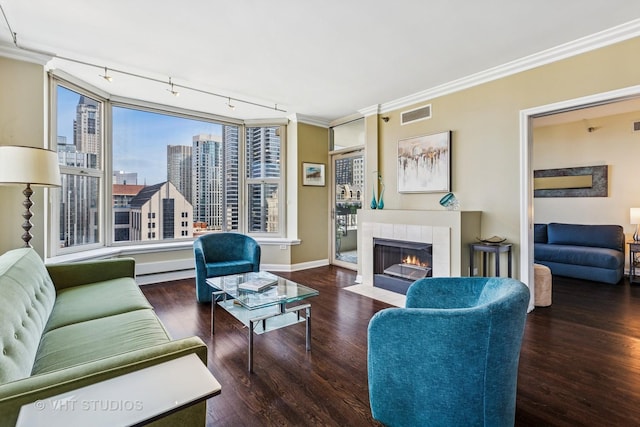 25 E Superior St Unit 2402, Chicago, IL 60611 - living room featuring rail lighting, wood finished floors, ornamental molding, and a tile fireplace