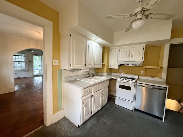 505 N Fair St, Champaign, IL 61821 - kitchen with white range with electric cooktop, dishwasher, under cabinet range hood, ceiling fan, and white cabinetry