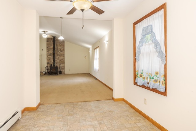 22998 E 2800 N Rd, Odell, IL 60460 - corridor with a baseboard heating unit, vaulted ceiling, and light colored carpet