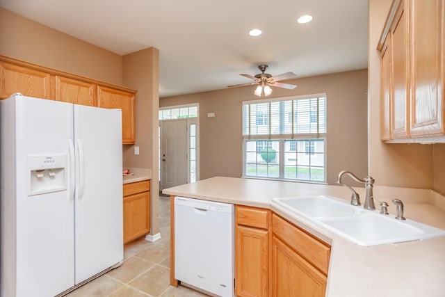 133 W Park Ave Unit A, Sugar Grove, IL 60554 - kitchen with white appliances, a peninsula, a ceiling fan, recessed lighting, and light countertops
