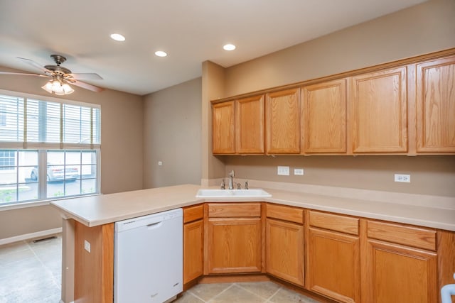 133 W Park Ave Unit A, Sugar Grove, IL 60554 - kitchen featuring white dishwasher, a peninsula, ceiling fan, light countertops, and recessed lighting
