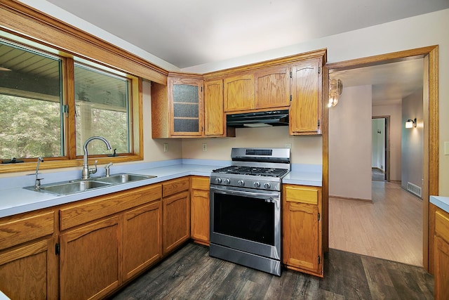 1177 N 6250w Rd, Bonfield, IL 60913 - kitchen featuring stainless steel gas stove, ventilation hood, dark wood-style floors, and light countertops