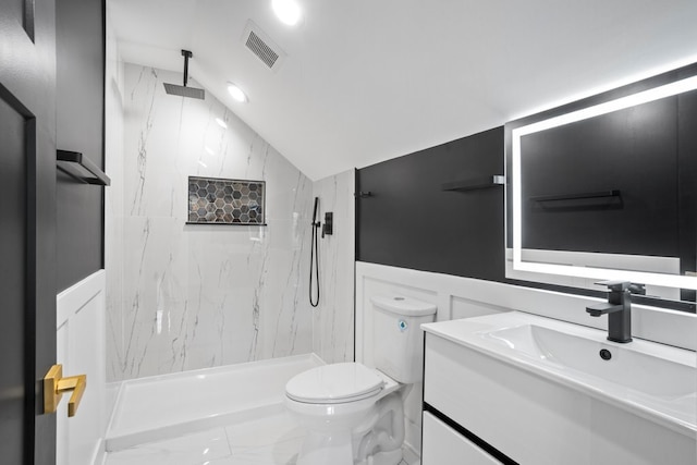 2305 W 111th Pl, Chicago, IL 60643 - bathroom with vanity, vaulted ceiling, a marble finish shower, and marble finish floors
