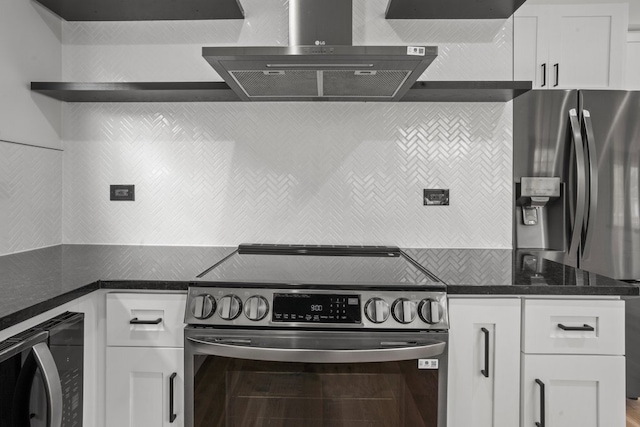 2305 W 111th Pl, Chicago, IL 60643 - kitchen featuring appliances with stainless steel finishes, island range hood, white cabinetry, backsplash, and open shelves
