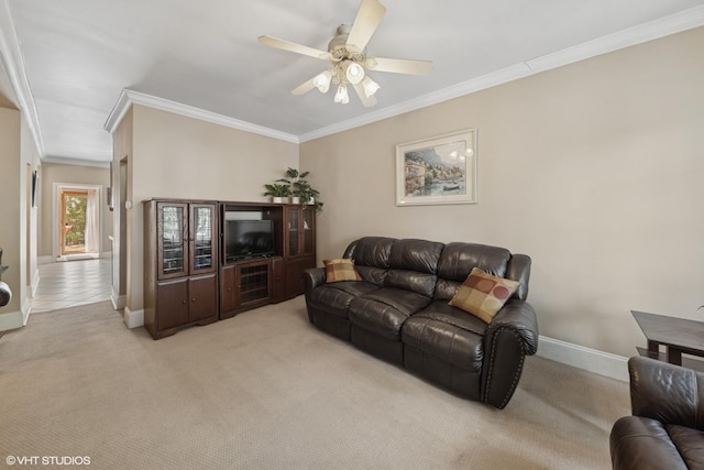 3432 S Union Ave, Chicago, IL 60616 - living room with light carpet, crown molding, and a ceiling fan