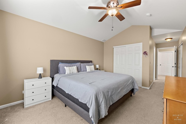 10750 Cape Cod Ln, Huntley, IL 60142 - bedroom featuring light colored carpet, lofted ceiling, a closet, and ceiling fan