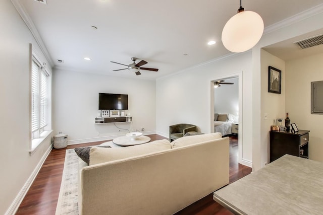 1918 W Cullom Ave Unit 202, Chicago, IL 60613 - living room with ceiling fan, dark wood-style flooring, ornamental molding, and recessed lighting