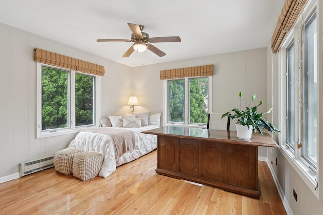 102 E Adelia St, Elmhurst, IL 60126 - bedroom with baseboard heating, multiple windows, light wood-style floors, and ceiling fan