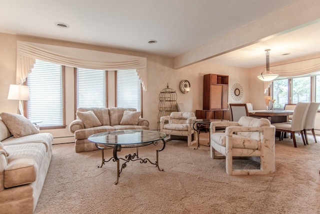 2458 E Cass St, Joliet, IL 60432 - carpeted living room with a baseboard radiator and beam ceiling