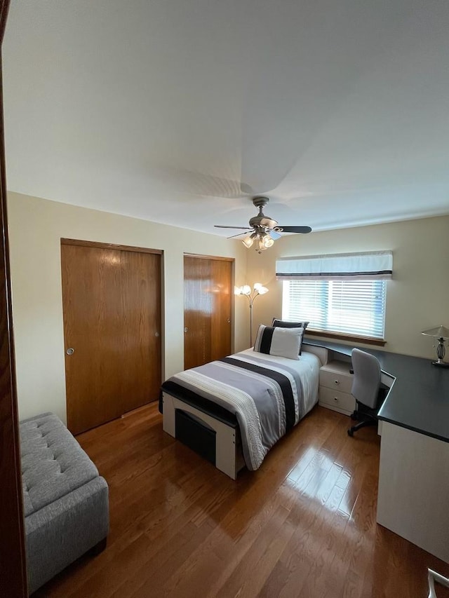 678 Larch Dr, Carol Stream, IL 60188 - bedroom featuring a desk, multiple closets, wood finished floors, and ceiling fan