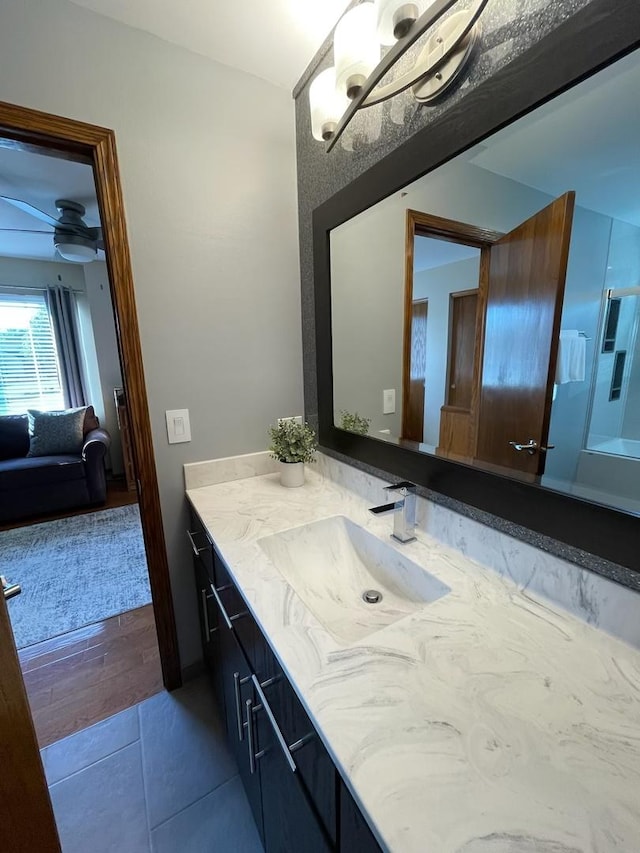 678 Larch Dr, Carol Stream, IL 60188 - bathroom featuring vanity, ensuite bath, tile patterned flooring, and ceiling fan