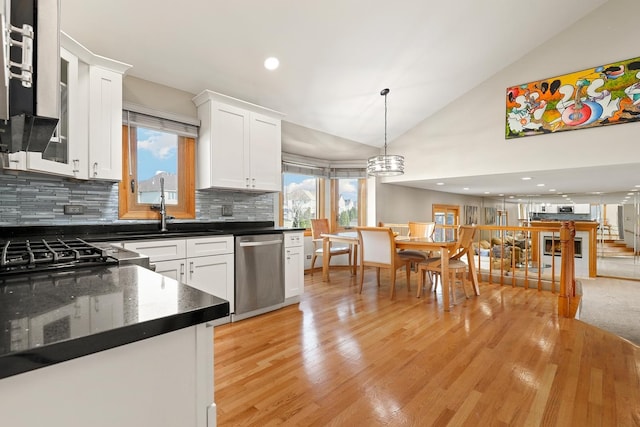 3800 River Rd, Hazel Crest, IL 60429 - kitchen featuring dishwasher, tasteful backsplash, light wood-style floors, white cabinetry, and recessed lighting