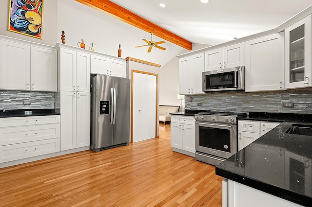 3800 River Rd, Hazel Crest, IL 60429 - kitchen featuring appliances with stainless steel finishes, backsplash, ceiling fan, white cabinetry, and recessed lighting