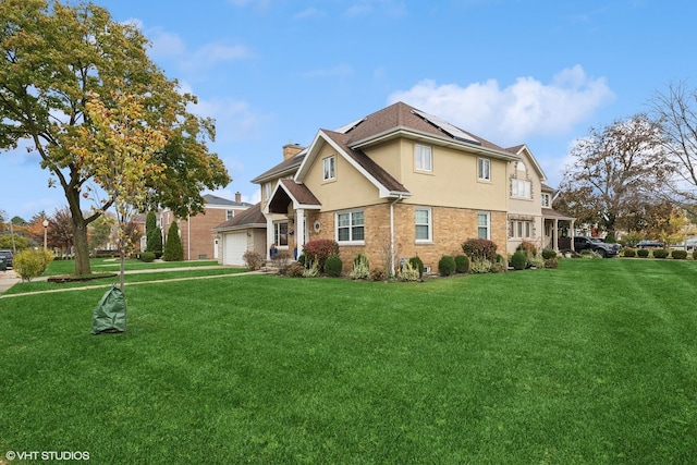 108 Yost Ave, Park Ridge, IL 60068 - view of front facade with a chimney, roof mounted solar panels, a front yard, stucco siding, and brick siding