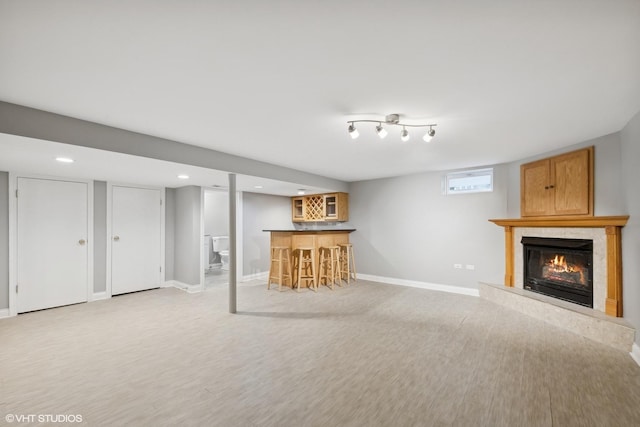 108 Yost Ave, Park Ridge, IL 60068 - basement featuring a bar, a fireplace, recessed lighting, and light wood-style floors