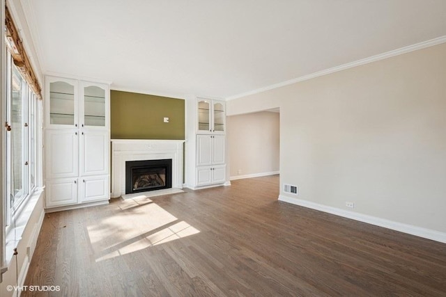 108 Yost Ave, Park Ridge, IL 60068 - unfurnished living room featuring wood finished floors, a fireplace with flush hearth, and ornamental molding