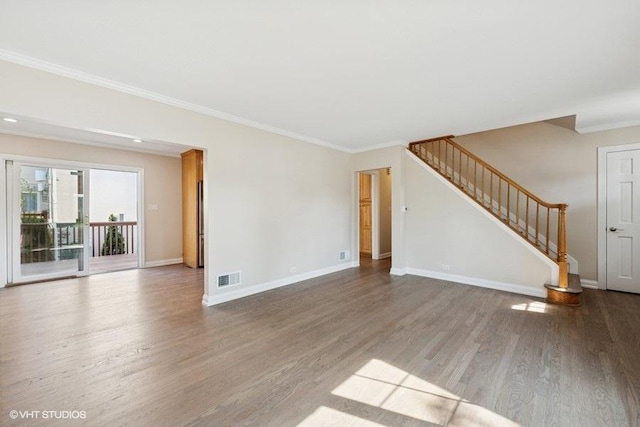 108 Yost Ave, Park Ridge, IL 60068 - unfurnished living room with crown molding, stairs, and wood finished floors