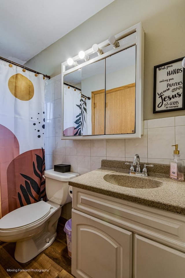 161 Olympic Dr, Bolingbrook, IL 60440 - bathroom with tile walls, vanity, backsplash, and a shower with shower curtain