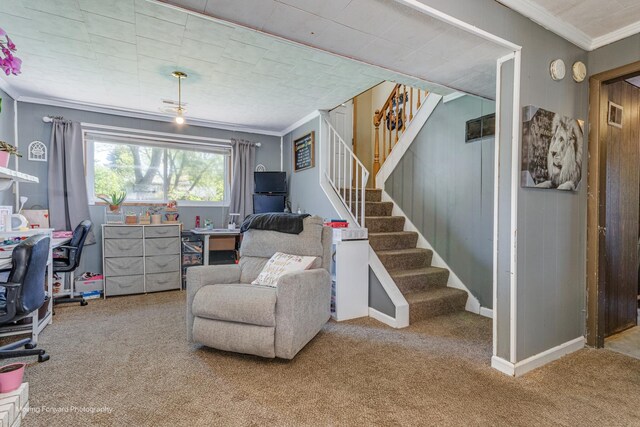 161 Olympic Dr, Bolingbrook, IL 60440 - living area featuring carpet flooring, crown molding, stairway, and a desk
