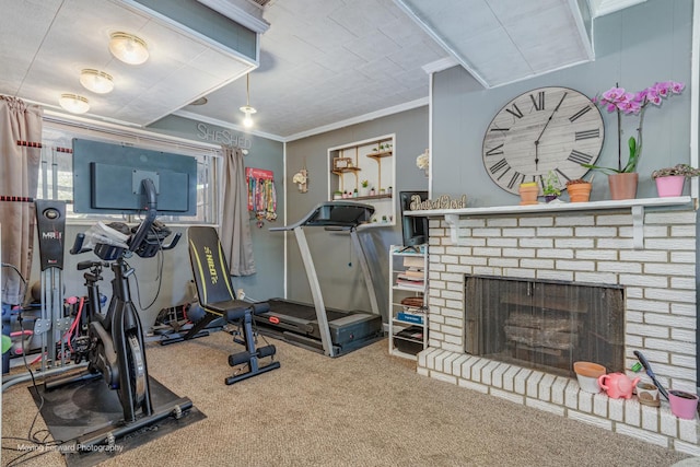 161 Olympic Dr, Bolingbrook, IL 60440 - workout area with carpet, crown molding, and a brick fireplace