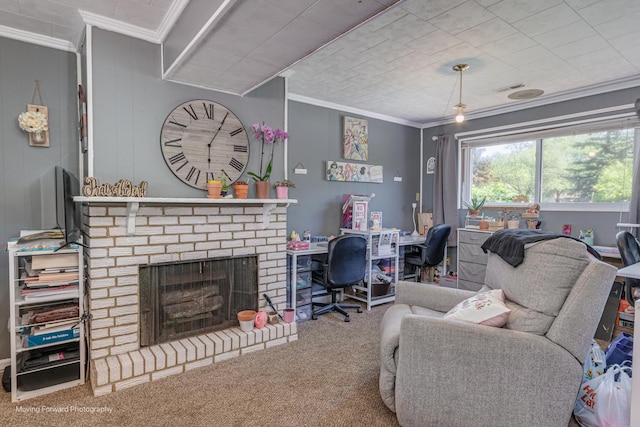 161 Olympic Dr, Bolingbrook, IL 60440 - living area with crown molding, carpet, an office area, and a fireplace