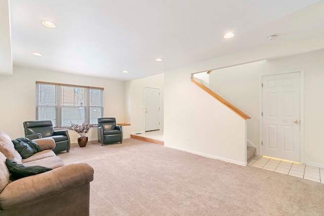 9207 E Prairie Rd, Evanston, IL 60203 - tiled living area featuring stairway, carpet floors, and recessed lighting