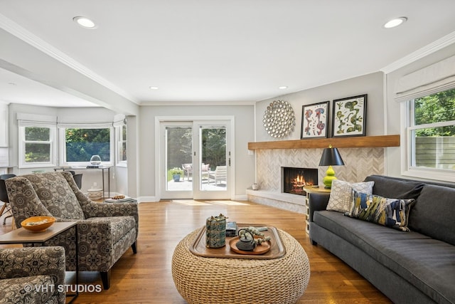 821 Sandstone Dr, Libertyville, IL 60048 - living area featuring ornamental molding, a premium fireplace, recessed lighting, and wood finished floors