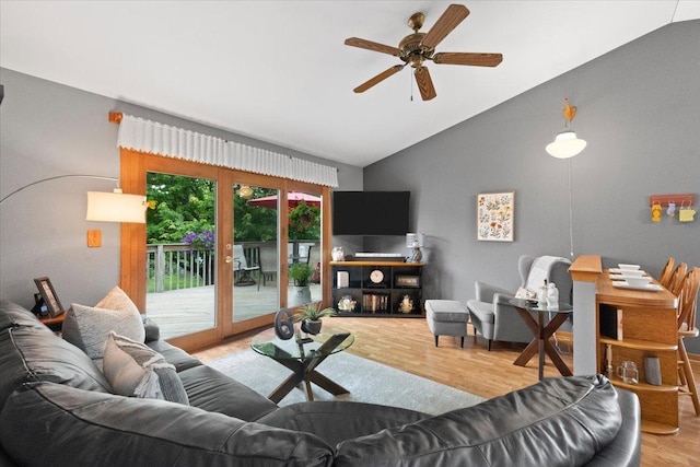 3583 Newport Dr, Island Lake, IL 60042 - living room featuring wood finished floors, ceiling fan, french doors, and high vaulted ceiling