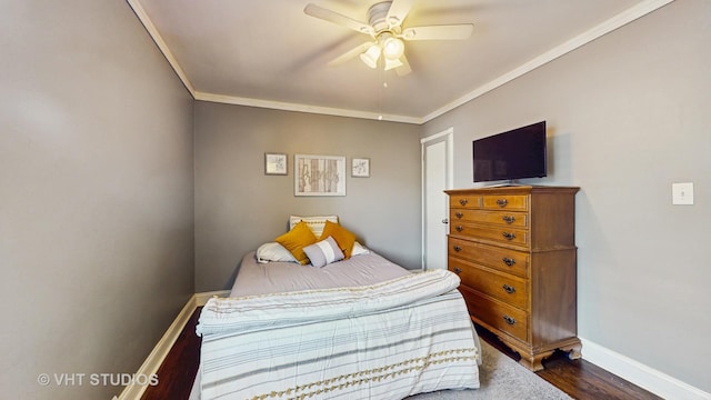 7525 N Overhill Ave, Chicago, IL 60631 - bedroom featuring ornamental molding, dark wood-type flooring, and a ceiling fan