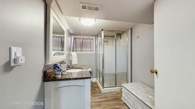 7525 N Overhill Ave, Chicago, IL 60631 - bathroom featuring wood finished floors, vanity, and a stall shower
